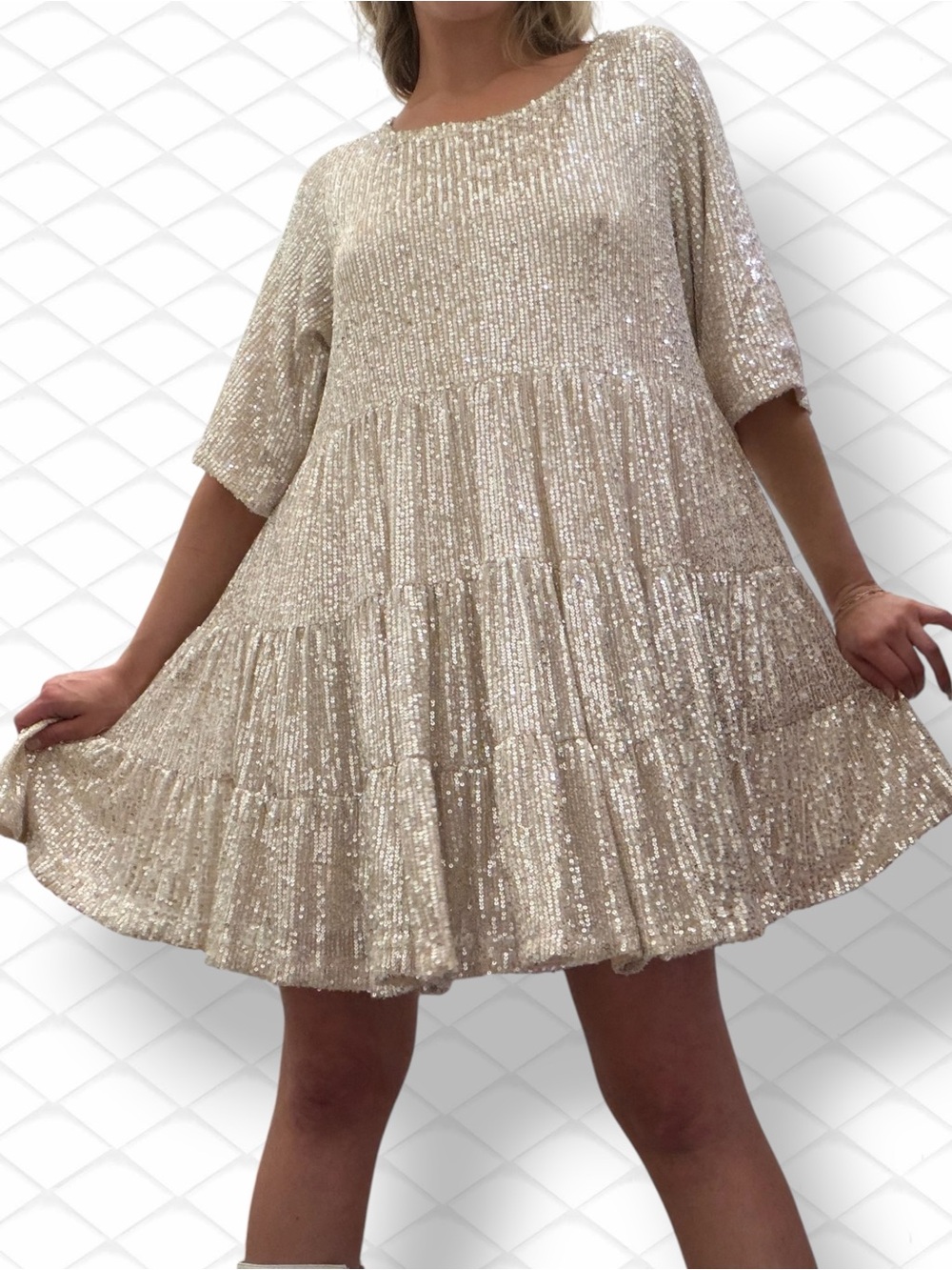 Amazing Lace Sequin Tiered Mini Dress in Champagne